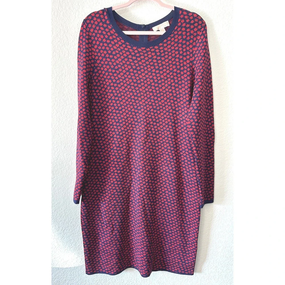 Michael‎ Kors Red Navy Leaf Print Knit Sweater Dress Long Sleeve Zipper XL